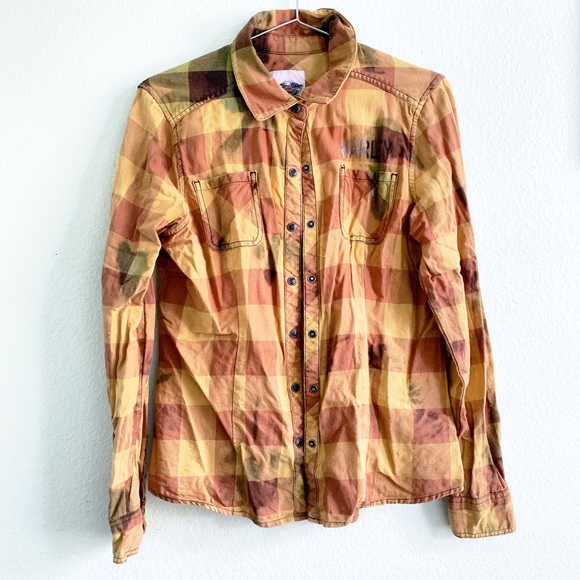 HARLEY DAVIDSON plaid tartan mustard yellow button up down shirt Medium - Picture 1 of 9